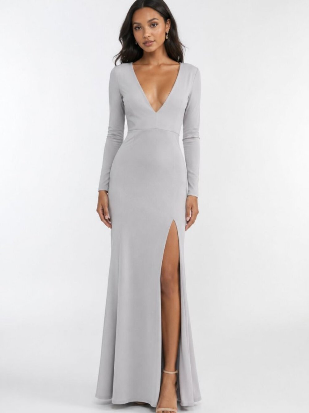 Long Silver Crepe Deep V Long Sleeve Formal Evening Gown